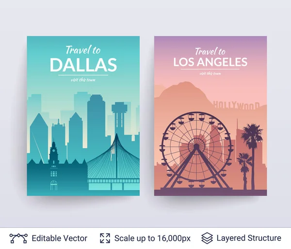 Dallas och Los Angeles berömda city skaft. — Stock vektor