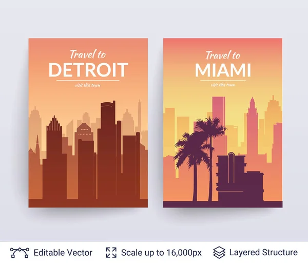 Detroit ve Miami ünlü şehir scapes. — Stok Vektör