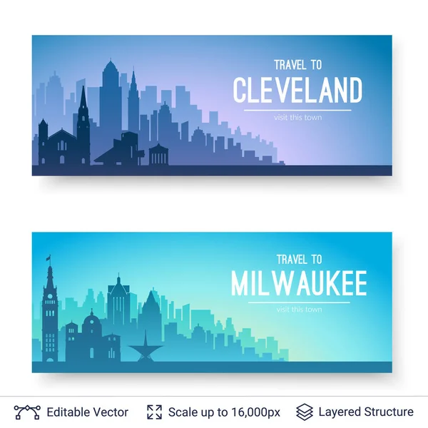 Cleveland y Milwaukee famosos paisajes de la ciudad . — Archivo Imágenes Vectoriales