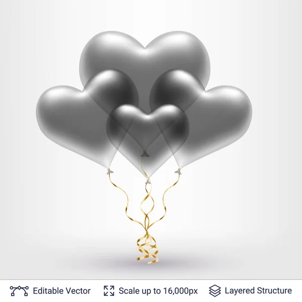 Manojo de globos de aire en forma de corazón 3D . — Vector de stock