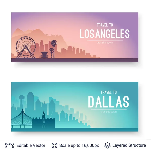 Los Angeles ve Dallas ünlü şehir scapes. — Stok Vektör