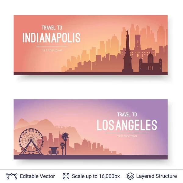 Indianapolis ve Los Angeles ünlü şehir scapes. — Stok Vektör