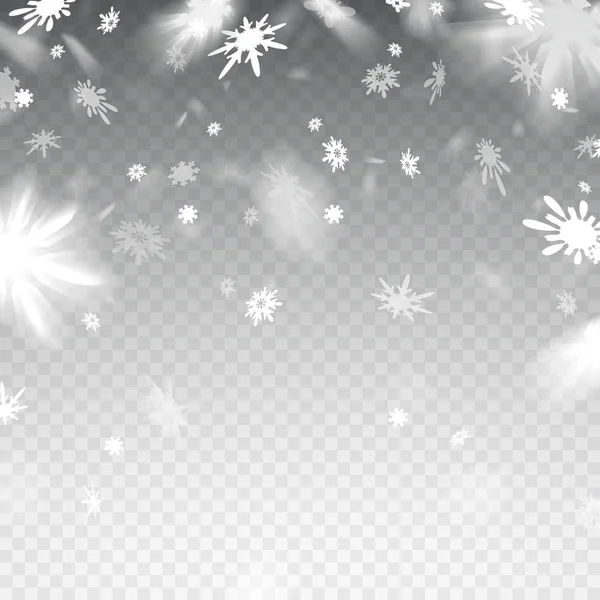 Snöflingor faller flyger på grå bakgrund. — Stock vektor
