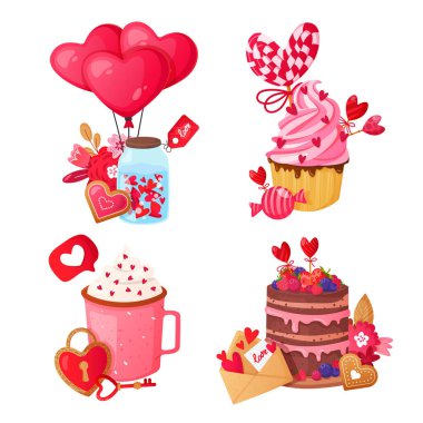 Saint Valentines Day sweets and gifts on white.