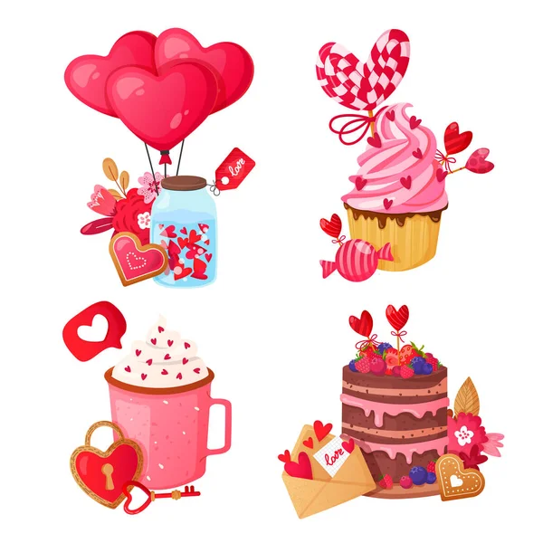 Saint Valentines Day sweets and gifts on white. — Stock Vector