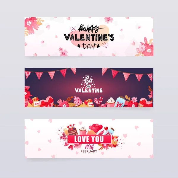 Conjunto de banners do Dia de São Valentim com texto . — Vetor de Stock