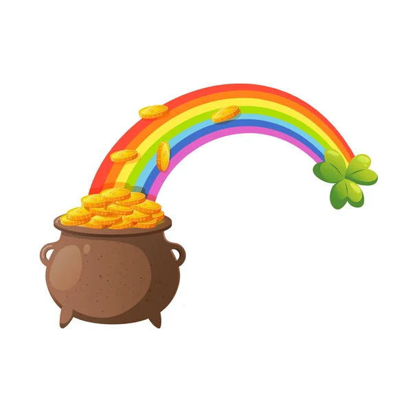 Regenboog met kabouter pot vol gouden munten. — Stockvector