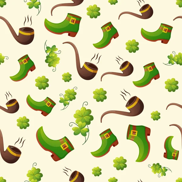 Leprechaun green shoes and pipes with lucky clovers. — Stock Vector