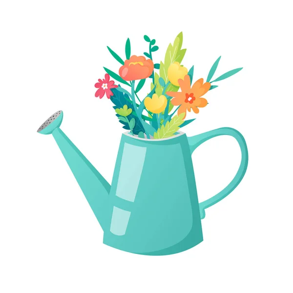 Zavlažovací plechovka s kyticí jarních květin. — Stockový vektor