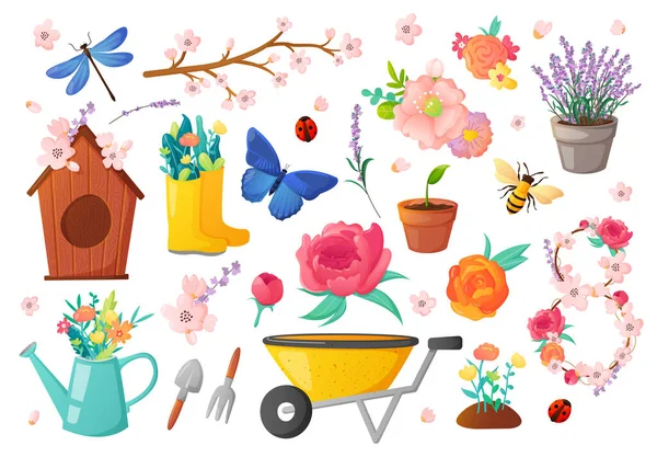 Conjunto de objetos de jardinería de temporada de primavera . — Vector de stock