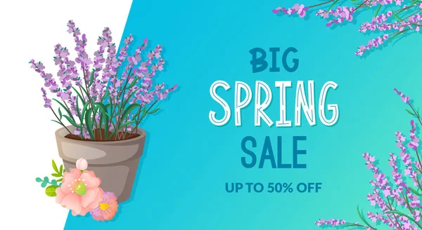 Wiosna sprzedaż reklama tekst i kwiaty lawendy. — Wektor stockowy