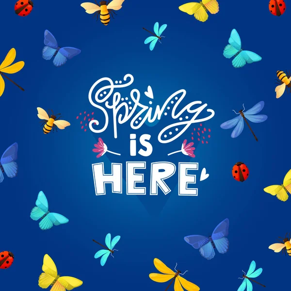 İlkbahar reklam metni ve parlak böcekler kelebekler. — Stok Vektör