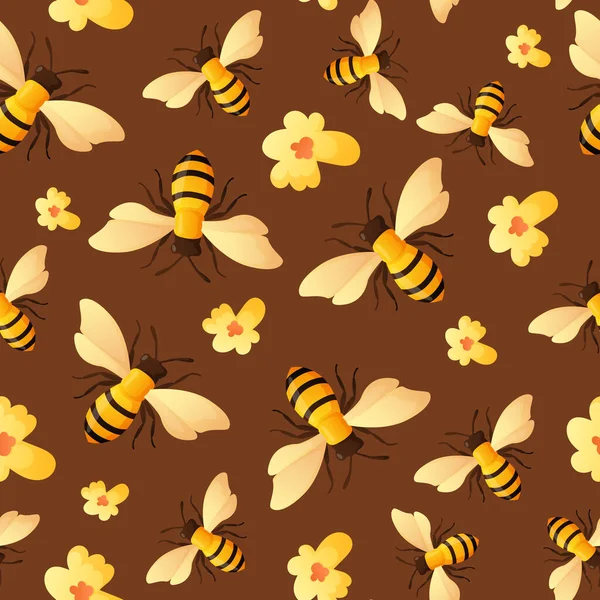 Bee insects and yellow flowers seamless pattern. — Stock Vector