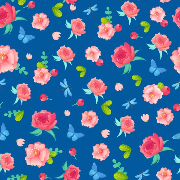 Rosa Blumen und Schmetterlinge nahtloses Muster. — Stockvektor