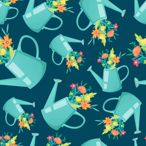 Watering cans with flowers seamless pattern. — Stock Vector