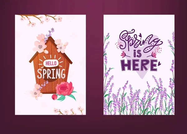 Set of Spring backrounds with flowers and text. — Stock Vector