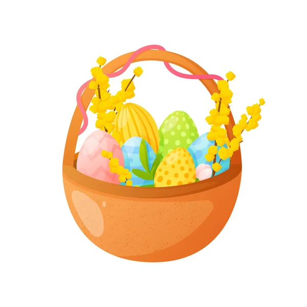 Easter holiday basket with bright colored eggs. — Stock Vector