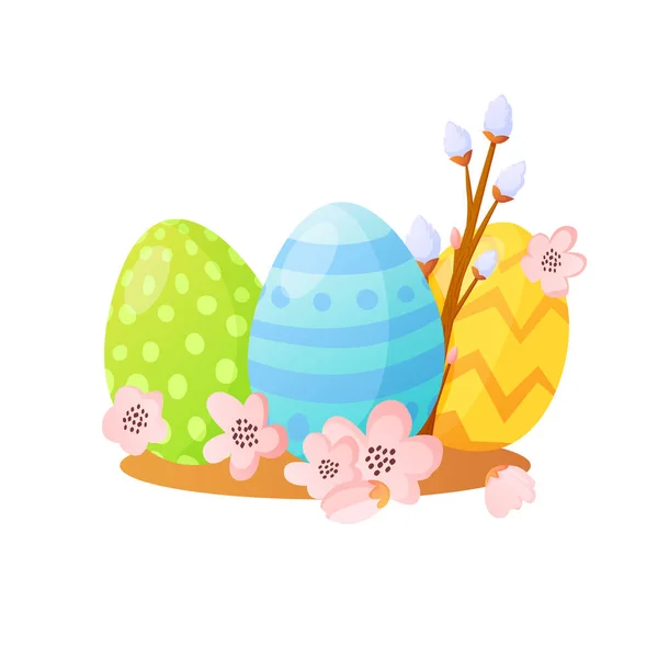 Vacaciones de Pascua huevos pintados y flores en blanco . — Vector de stock