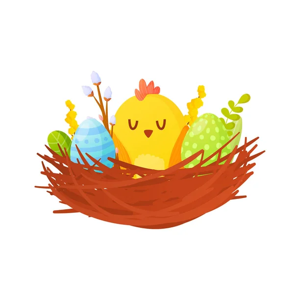 Frango e Easter pintaram ovos em um ninho . — Vetor de Stock