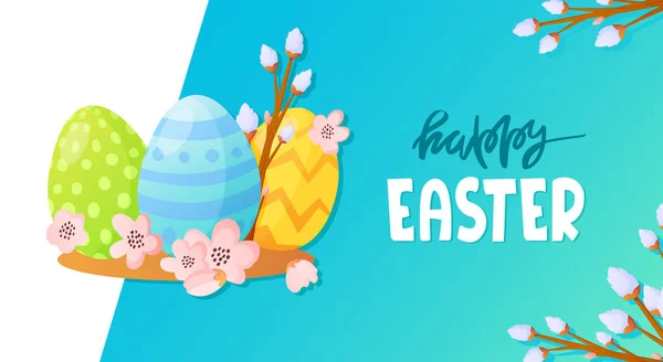 Βαμμένα αυγά και λουλούδια Πάσχα διακοπές φόντο — Διανυσματικό Αρχείο
