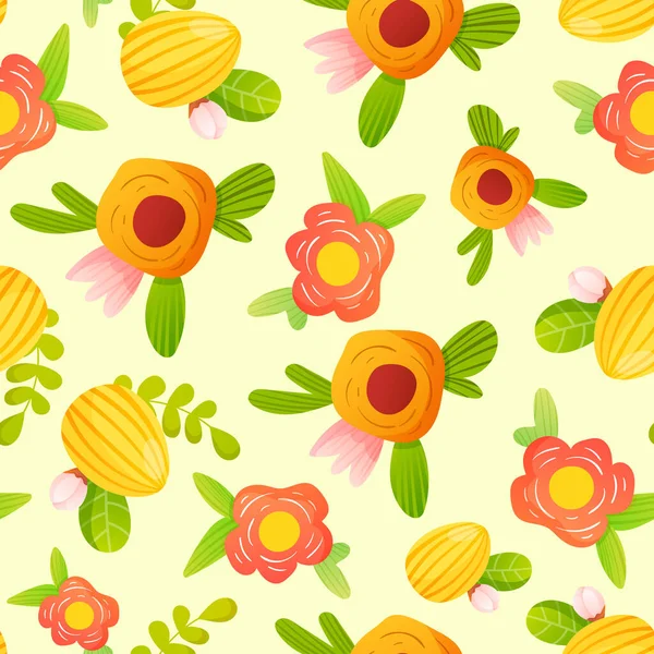 Bright flowers wild green herbs seamless pattern. — Stock Vector