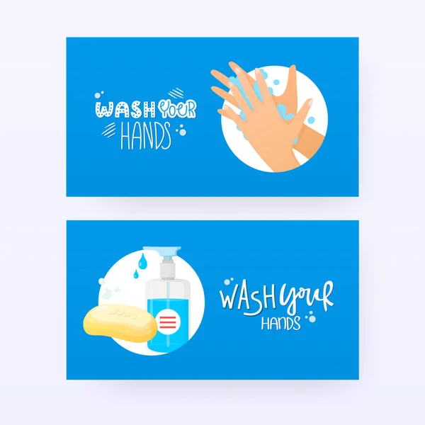 Mãos lavando banners de proteção antibacteriana . — Vetor de Stock