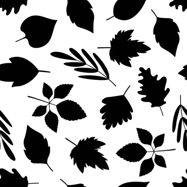 Patrón inconsútil árbol hojas siluetas negras . — Archivo Imágenes Vectoriales