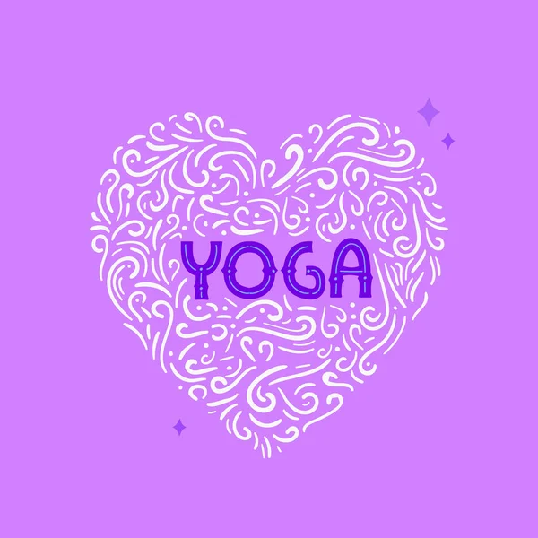 Etiqueta de texto de yoga y forma abstracta del corazón . — Vector de stock