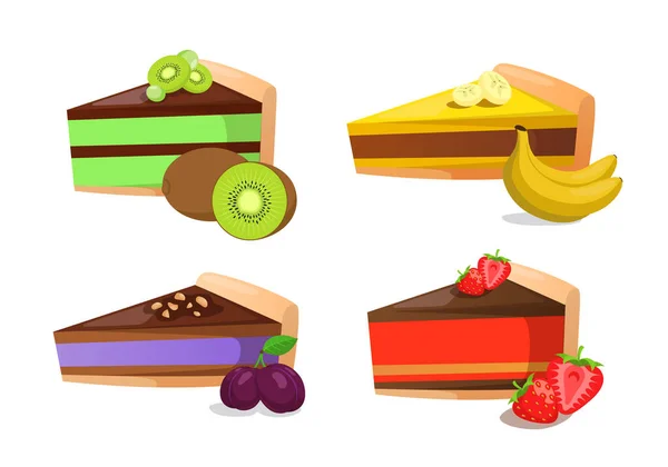Uppsättning tårtbitar med frukt och bär. — Stock vektor