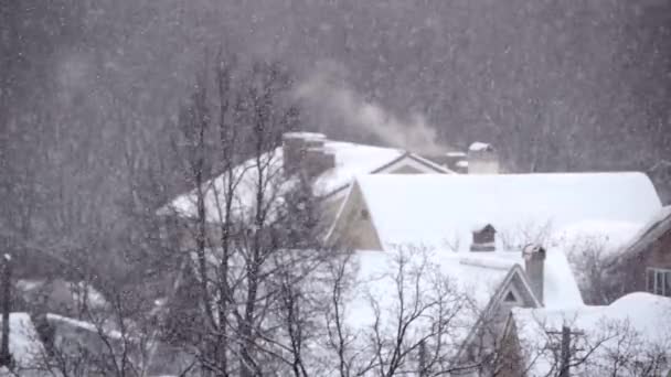 Sneeuw in de winter in de stad, zachte besneeuwde kerstochtend met vallende sneeuw — Stockvideo