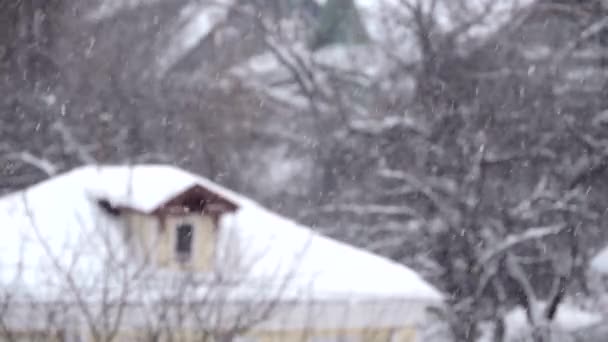 Sneeuw in de winter in de stad, zachte besneeuwde kerstochtend met vallende sneeuw — Stockvideo