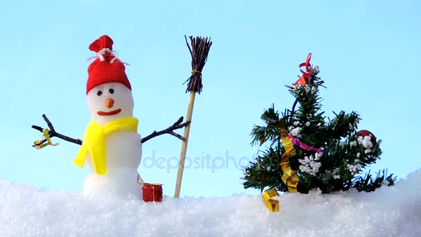 Feliz tarjeta de Navidad, muñeco de nieve con árbol de Navidad en el parque de invierno — Vídeo de stock