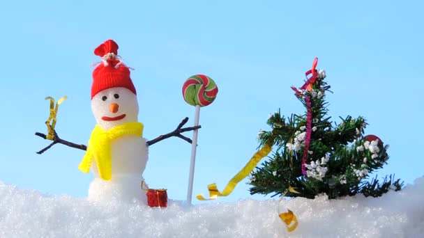 Boldog karácsonyi kártya, hóember, karácsonyfa, winter Park — Stock videók