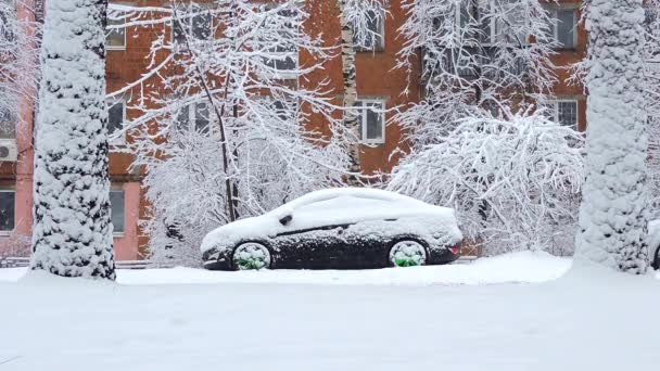 Snöfall på vintern i staden, fallande snö, bil täckt med snö — Stockvideo
