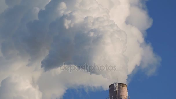 Luftföroreningar från anläggningen. Rök och rör på bakgrund av blå himmel — Stockvideo