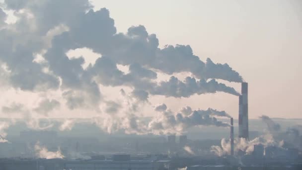 Contaminación del aire de la planta. Humo y pipas en el fondo de la ciudad — Vídeo de stock