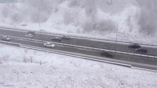Samochody jeżdżące po śnieżnej drodze zimą, ruch na autostradzie w śniegu, śnieżyca — Wideo stockowe