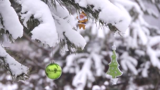 Nevicate in inverno nella foresta, ramo con palle di Natale, giocattoli ondeggiano nel vento — Video Stock