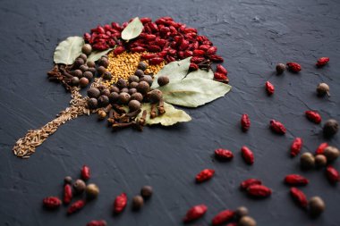 Koyu bir yüzeyde ahşap, böğürtlen, kimyon, körfez yaprağı, karanfil, karabiber ve hardal tohumlarıyla kaplı..