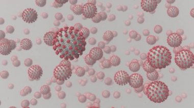 Koronavirüs birikimi, 3 boyutlu animasyon, kamera viral parçacıklar arasında uçar.