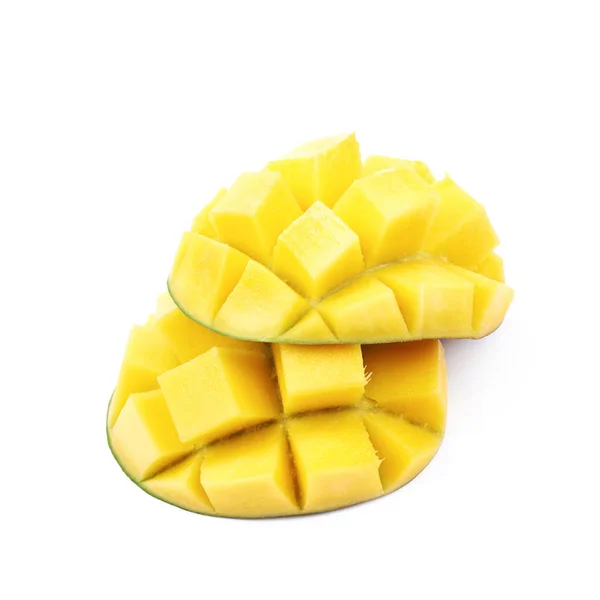 Pokrojone w plastry i na białym tle owoc mango cięcia — Zdjęcie stockowe