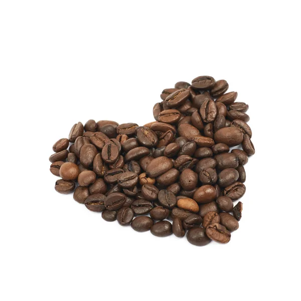 Heart shaped pile of coffee beans isolated — Stock Photo, Image