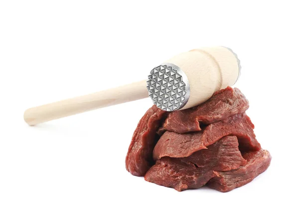 Meat tenderrizer over the slice of meat — Stock Photo, Image