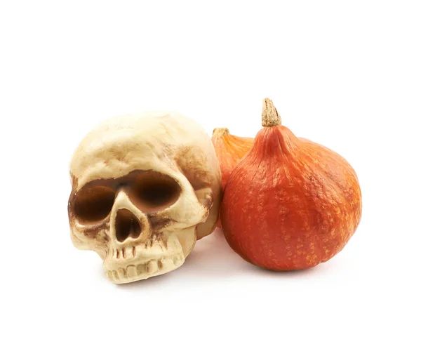 Orange pumpkin and toy skull — Stock Photo, Image