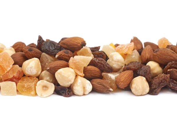 Nuts and dried fruits mix isolated — Stock Photo, Image