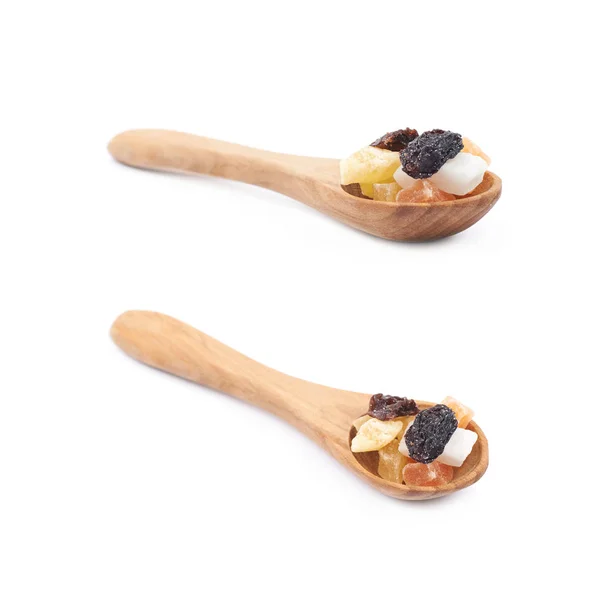 Spoon of nuts and dried fruits — Stock Photo, Image