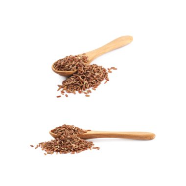 İzole kahverengi pirinç taneleri yığını