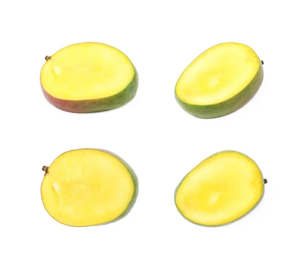 Skivad och skär mango frukt isolerade — Stockfoto