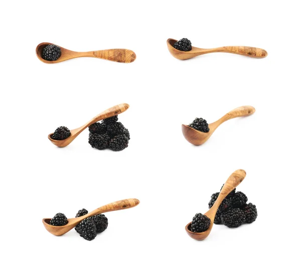 Cucchiaio di legno e frutta blackderry — Foto Stock
