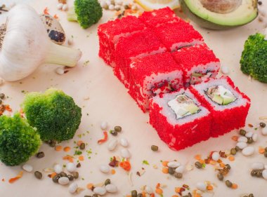 Rulo suşi. Sushi menüsü. Japon yemekleri.